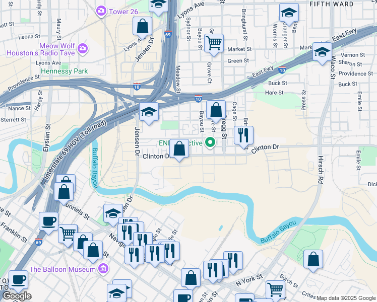 map of restaurants, bars, coffee shops, grocery stores, and more near 3043 Clinton Drive in Houston