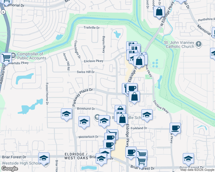 map of restaurants, bars, coffee shops, grocery stores, and more near 13615 Ashley Run in Houston