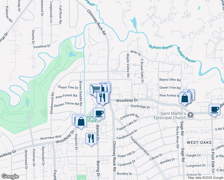 map of restaurants, bars, coffee shops, grocery stores, and more near 5703 Tangle Circle Lane in Houston