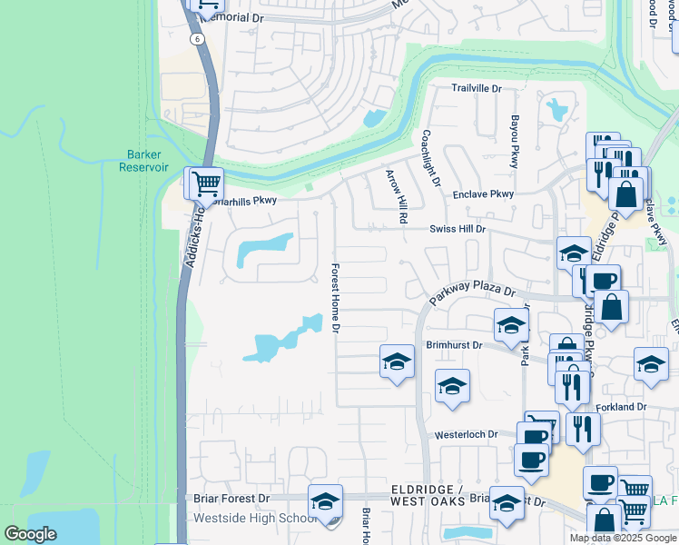 map of restaurants, bars, coffee shops, grocery stores, and more near 14222 Hillvale Drive in Houston
