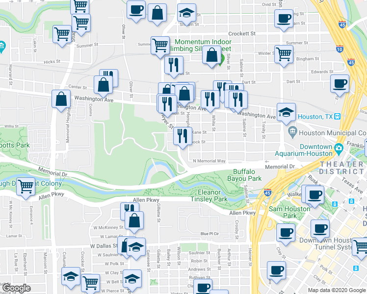 map of restaurants, bars, coffee shops, grocery stores, and more near 2119 State Street in Houston