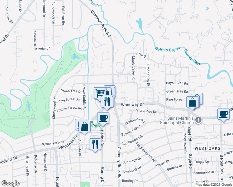 map of restaurants, bars, coffee shops, grocery stores, and more near 5703 Tangle Circle Lane in Houston
