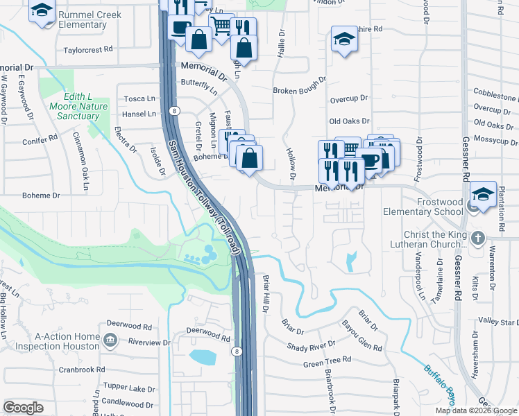 map of restaurants, bars, coffee shops, grocery stores, and more near 206 Faust Lane in Houston