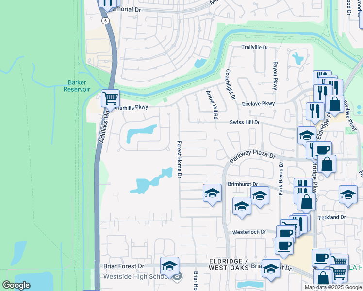 map of restaurants, bars, coffee shops, grocery stores, and more near 14222 Hillvale Drive in Houston