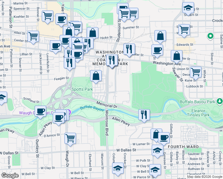 map of restaurants, bars, coffee shops, grocery stores, and more near 600 Studemont Street in Houston