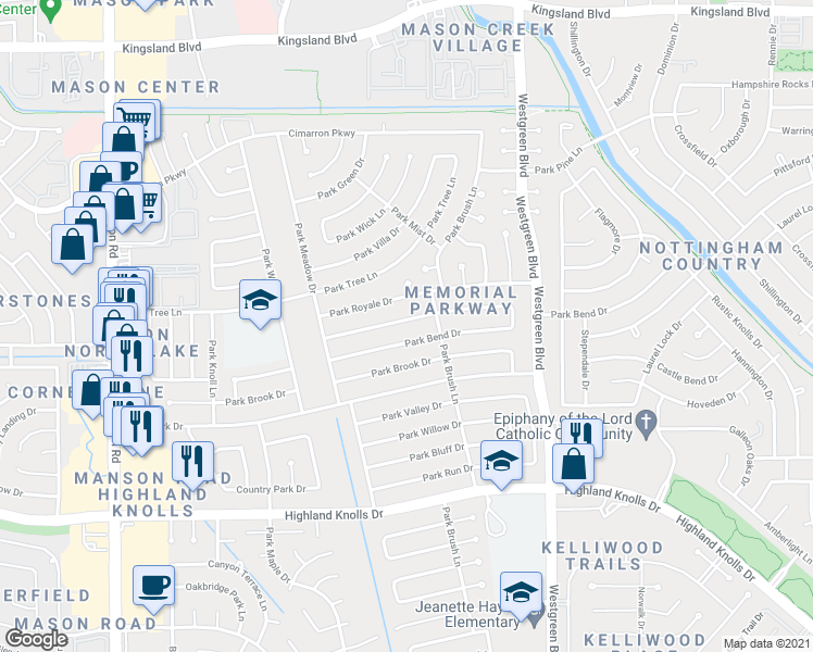 map of restaurants, bars, coffee shops, grocery stores, and more near 21323 Park Mount Drive in Katy