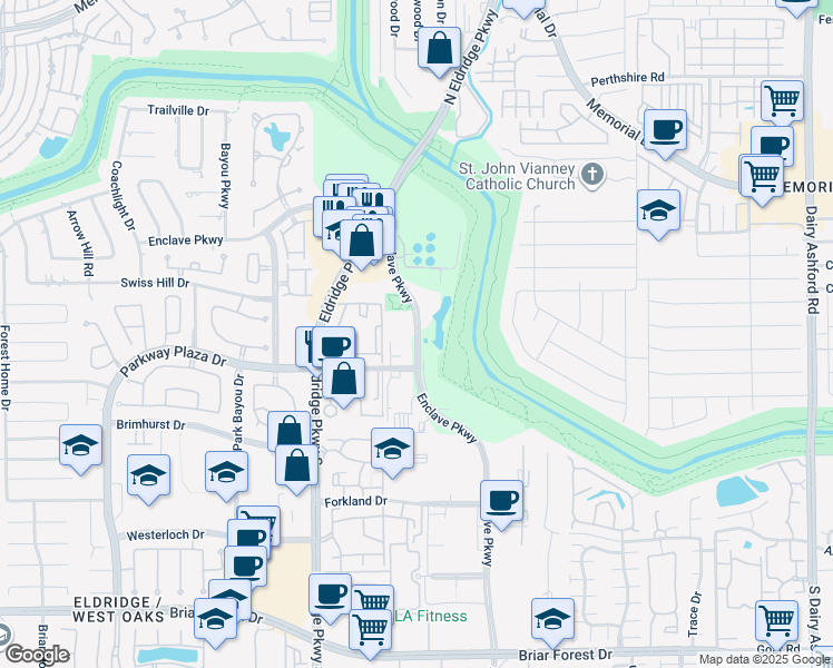map of restaurants, bars, coffee shops, grocery stores, and more near 1254 Enclave Parkway in Houston