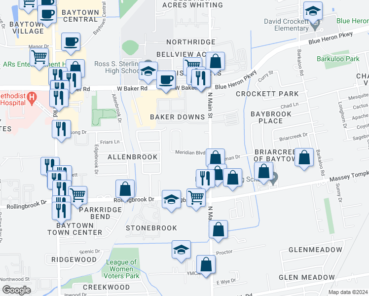 map of restaurants, bars, coffee shops, grocery stores, and more near 3906 East Lindbergh Court in Baytown