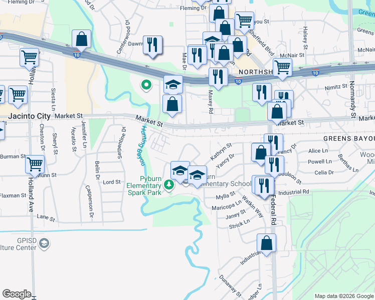 map of restaurants, bars, coffee shops, grocery stores, and more near 12023 Coulson Circle in Houston