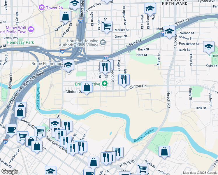 map of restaurants, bars, coffee shops, grocery stores, and more near 224 Grove Street in Houston