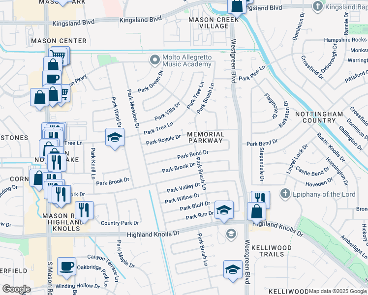 map of restaurants, bars, coffee shops, grocery stores, and more near 21307 Park Bend Drive in Katy