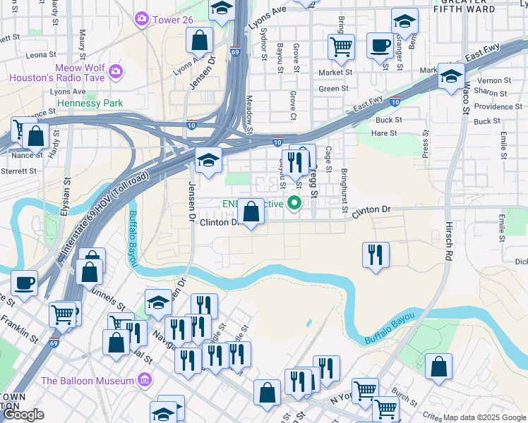 map of restaurants, bars, coffee shops, grocery stores, and more near 3037 Clinton Drive in Houston