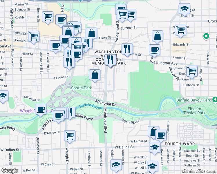 map of restaurants, bars, coffee shops, grocery stores, and more near 600 Studemont Street in Houston