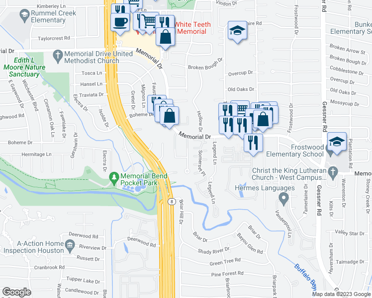 map of restaurants, bars, coffee shops, grocery stores, and more near 12625 Memorial Drive in Houston