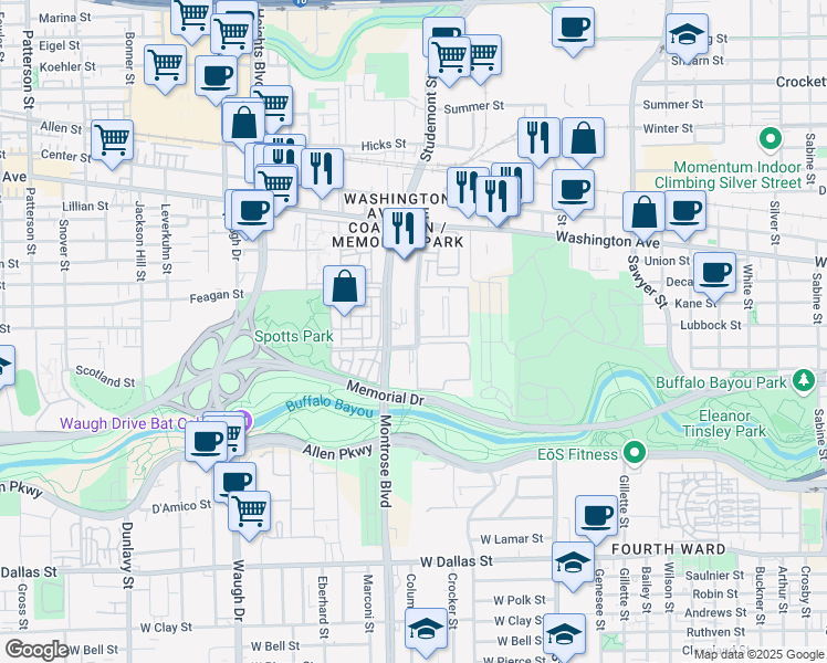 map of restaurants, bars, coffee shops, grocery stores, and more near 511 Memorial Heights Drive in Houston
