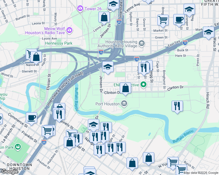 map of restaurants, bars, coffee shops, grocery stores, and more near 601 Clark Street in Houston