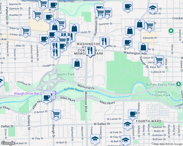 map of restaurants, bars, coffee shops, grocery stores, and more near 616 Memorial Heights Drive in Houston