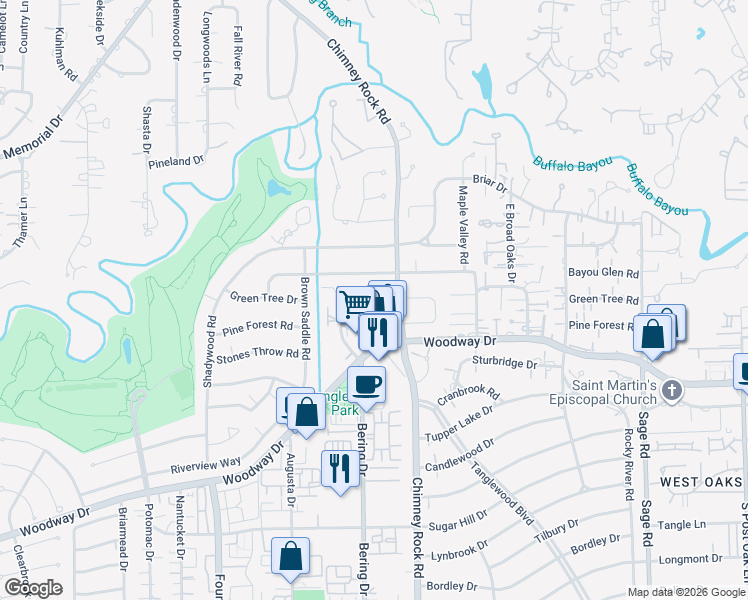 map of restaurants, bars, coffee shops, grocery stores, and more near 5737 Bayou Glen Road in Houston