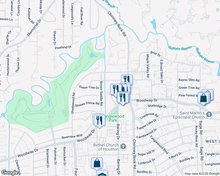 map of restaurants, bars, coffee shops, grocery stores, and more near 5839 Bayou Glen Road in Houston