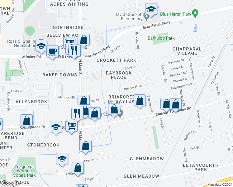 map of restaurants, bars, coffee shops, grocery stores, and more near 800 Charles Place in Baytown