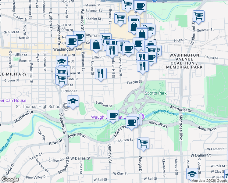 map of restaurants, bars, coffee shops, grocery stores, and more near 400 Jackson Hill Street in Houston