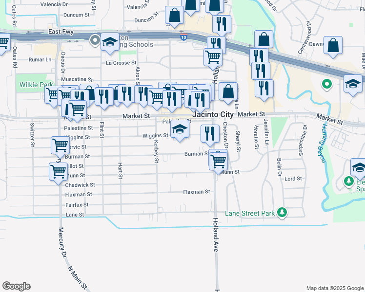 map of restaurants, bars, coffee shops, grocery stores, and more near 10910 Wiggins Street in Houston
