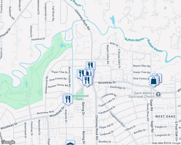 map of restaurants, bars, coffee shops, grocery stores, and more near 5703 Tangle Circle Lane in Houston