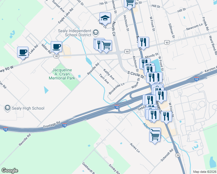 map of restaurants, bars, coffee shops, grocery stores, and more near 1408 Terri Avenue in Sealy