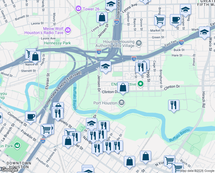 map of restaurants, bars, coffee shops, grocery stores, and more near 601 Clark Street in Houston