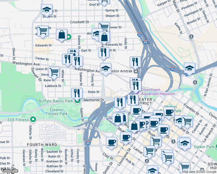 map of restaurants, bars, coffee shops, grocery stores, and more near 1400 Lubbock Street in Houston