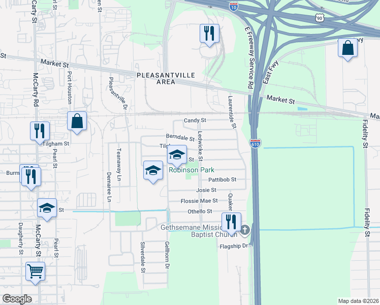 map of restaurants, bars, coffee shops, grocery stores, and more near 8639 Tilgham Street in Houston