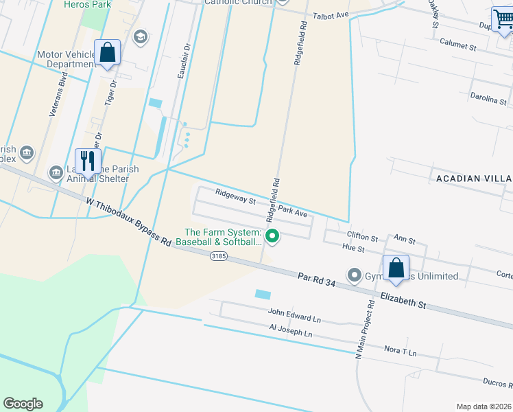 map of restaurants, bars, coffee shops, grocery stores, and more near 233 Ridgeway Street in Thibodaux