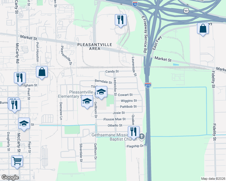 map of restaurants, bars, coffee shops, grocery stores, and more near 8639 Tilgham Street in Houston