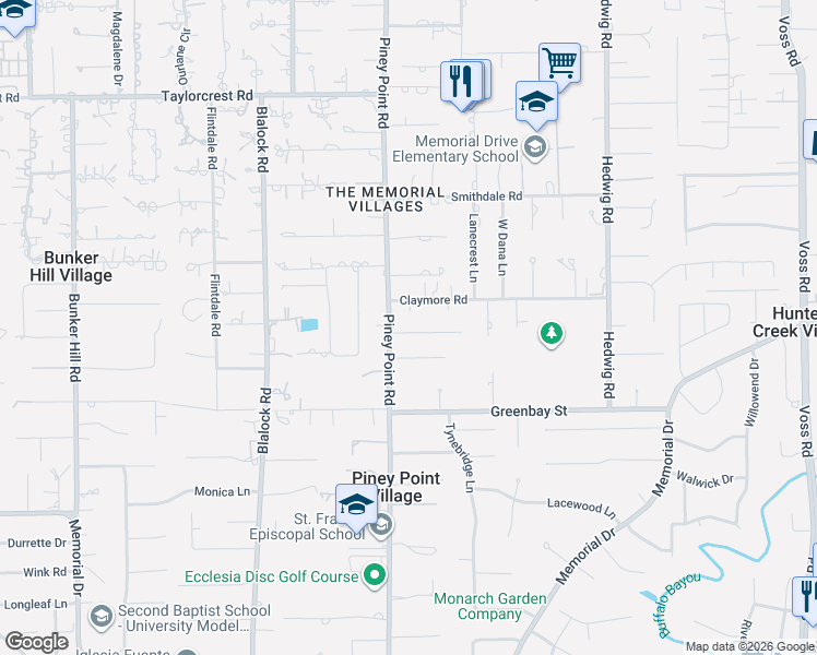 map of restaurants, bars, coffee shops, grocery stores, and more near 451 Clay Point Court in Houston