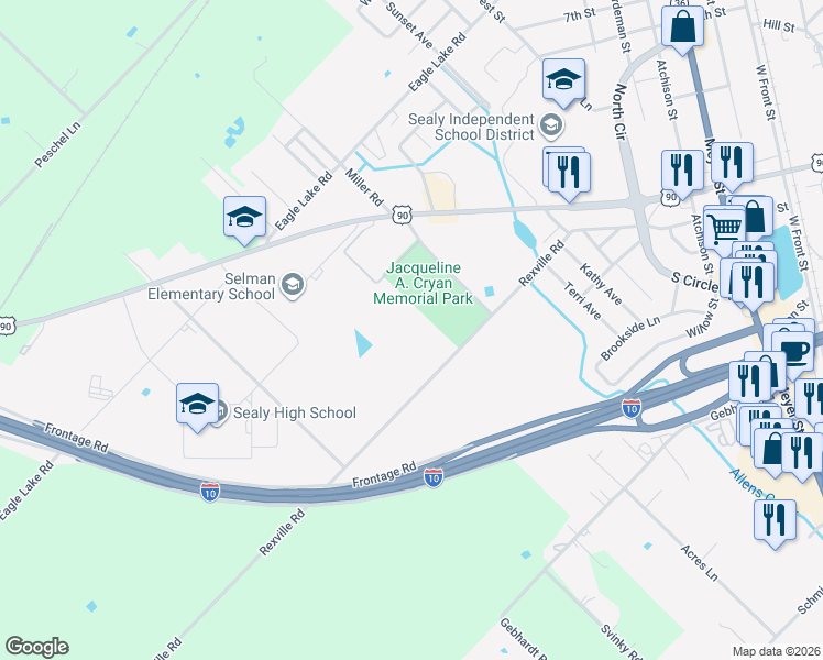 map of restaurants, bars, coffee shops, grocery stores, and more near 1500 Rexville Road in Sealy