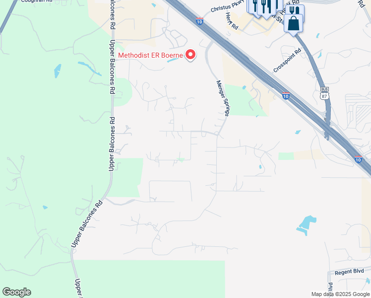 map of restaurants, bars, coffee shops, grocery stores, and more near 125 Creek Springs in Boerne
