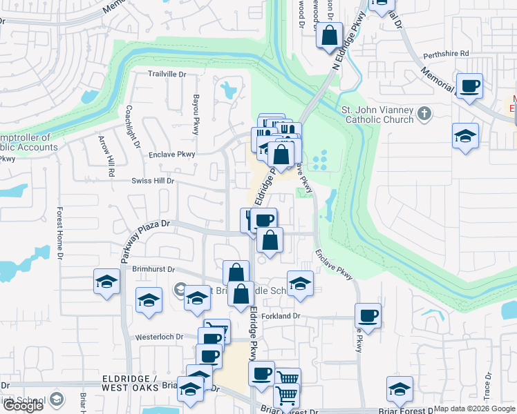 map of restaurants, bars, coffee shops, grocery stores, and more near 1250 Eldridge Parkway South in Houston