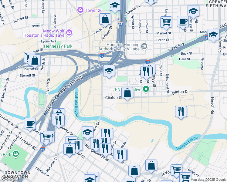 map of restaurants, bars, coffee shops, grocery stores, and more near Eado Edge Court in Houston