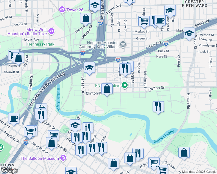 map of restaurants, bars, coffee shops, grocery stores, and more near 365 Sydnor Street in Houston