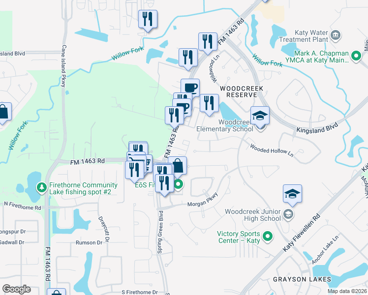 map of restaurants, bars, coffee shops, grocery stores, and more near 1230 Falling Water Lane in Katy