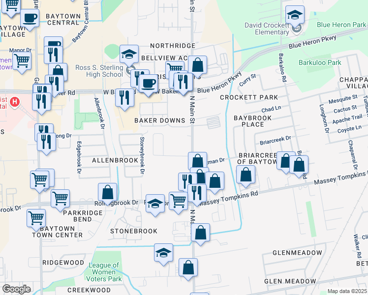 map of restaurants, bars, coffee shops, grocery stores, and more near 3921 North Main Street in Baytown