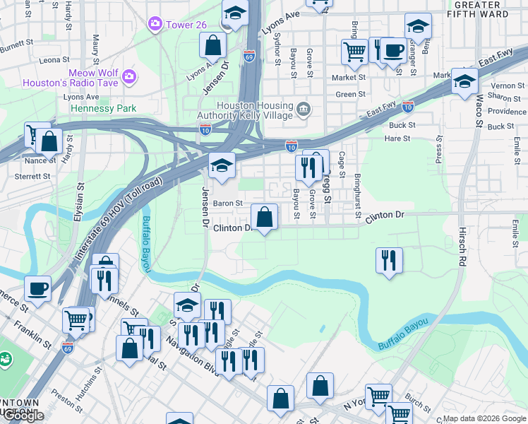map of restaurants, bars, coffee shops, grocery stores, and more near 421 Meadow Street in Houston