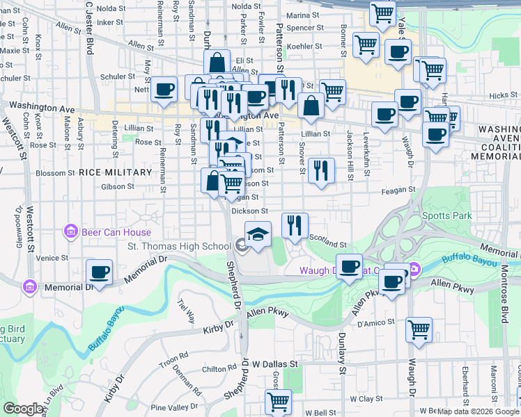 map of restaurants, bars, coffee shops, grocery stores, and more near 4601 Feagan Street in Houston