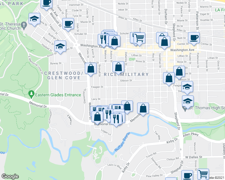 map of restaurants, bars, coffee shops, grocery stores, and more near 5504 Feagan Street in Houston