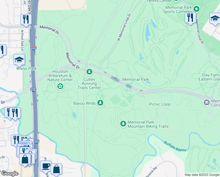 map of restaurants, bars, coffee shops, grocery stores, and more near Memorial Loop Dr in Houston