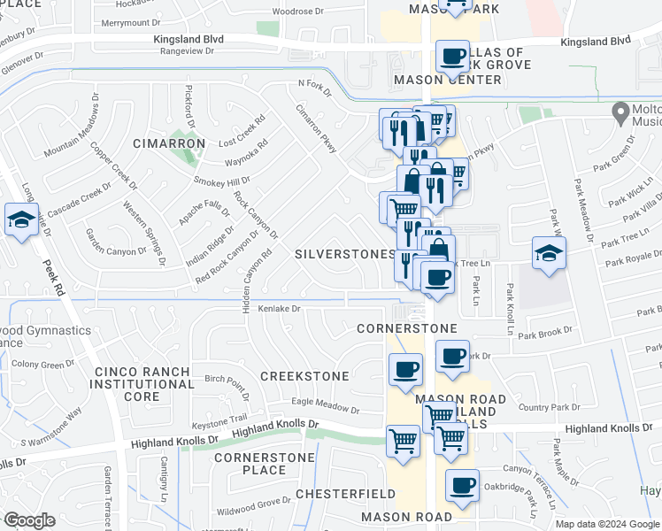 map of restaurants, bars, coffee shops, grocery stores, and more near 22110 Singing Spurs Drive in Katy