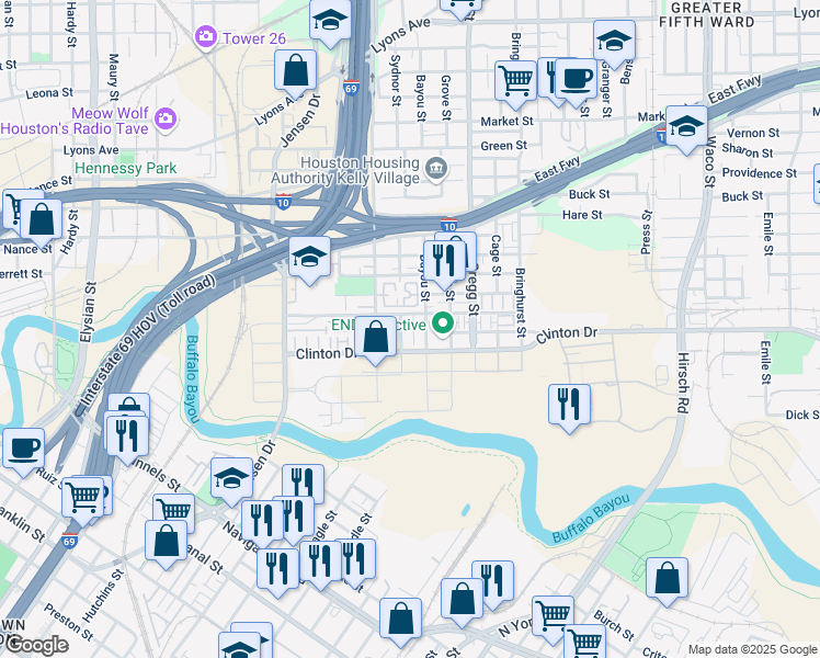 map of restaurants, bars, coffee shops, grocery stores, and more near 365 Sydnor Street in Houston