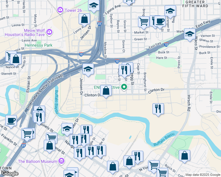 map of restaurants, bars, coffee shops, grocery stores, and more near 317 Sydnor Street in Houston