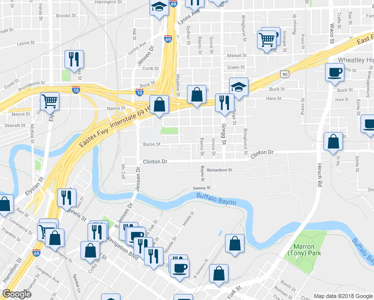 map of restaurants, bars, coffee shops, grocery stores, and more near 317 Sydnor Street in Houston