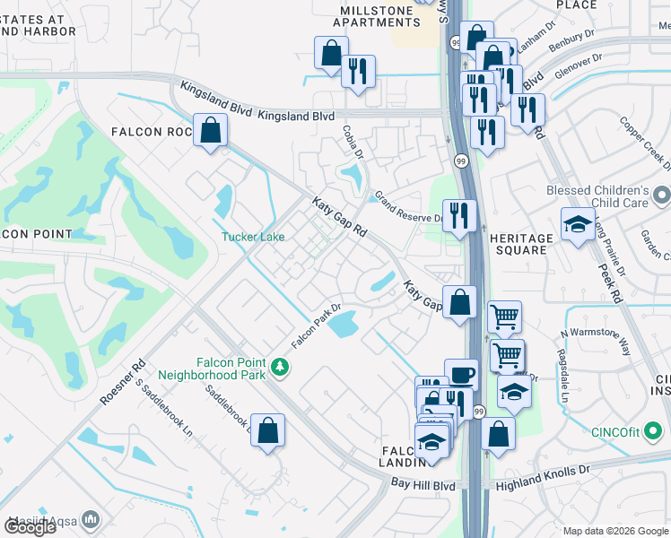 map of restaurants, bars, coffee shops, grocery stores, and more near 1660 Katy Gap Road in Katy
